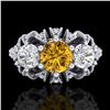 Image 2 : 2.26 CTW Intense Fancy Yellow Diamond Art Deco 3 Stone Ring 18K White Gold - REF-254A5X - 37749