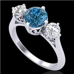 1.51 CTW Intense Blue Diamond Solitaire Art Deco 3 Stone Ring 18K White Gold - REF-236X4T - 38083