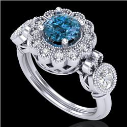 1.5 CTW Intense Blue Diamond Solitaire Art Deco 3 Stone Ring 18K White Gold - REF-218W2F - 37852