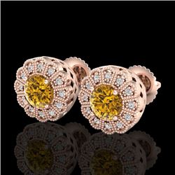 1.32 CTW Intense Fancy Yellow Diamond Art Deco Stud Earrings 18K Rose Gold - REF-218Y2K - 37841