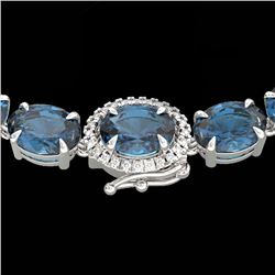 90 CTW London Blue Topaz & VS/SI Diamond Tennis Micro Halo Necklace 14K White Gold - REF-281A8X - 23