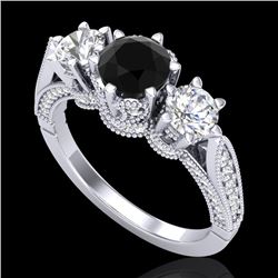 2.18 CTW Fancy Black Diamond Solitaire Art Deco 3 Stone Ring 18K White Gold - REF-200A2X - 38108