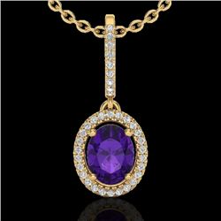 1.75 CTW Amethyst & Micro Pave VS/SI Diamond Necklace Halo 18K Yellow Gold - REF-53H8A - 20648