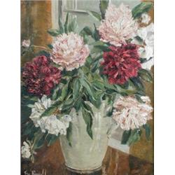 Ena Russell (British, 20th Century) A Still Life of Peonies in a Grey Jug signed lower left "Ena Rus