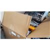 Image 1 : BOX OF BEDDING CLEANING SUPPLIES AND POTS AND PANS