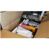 Image 2 : BOX OF BEDDING CLEANING SUPPLIES AND POTS AND PANS