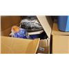 Image 1 : BOX OF BEDDING CLEANING SUPPLIES AND POTS AND PANS