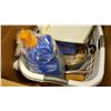 Image 4 : BOX OF BEDDING CLEANING SUPPLIES AND POTS AND PANS
