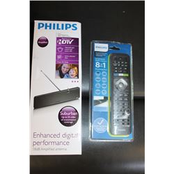 NEW PHILLIPS HDTV 18DB AMPLIFIED DIGITAL ANTENNA AND NEW 8 IN 1 REMOTE