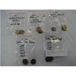 THREE PACKAGES OF INDIAN HEAD NICKELS AND TWO PACKS OF PENNIES