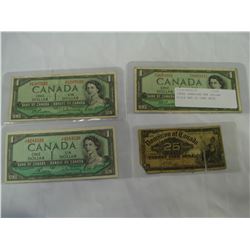 THREE CANADIAN ONE DOLLAR BILLS AND 25 CENT NOTE