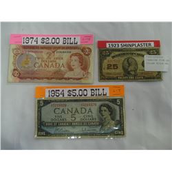 CANADIAN FIVE DOLLAR AND TWO DOLLAR BILLS AND SHINPLASTER