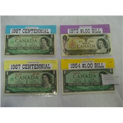 FOUR VARIOUS CANADIAN ONE DOLLAR BILLS