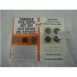 CARD OF EARLY CANADIAN FIVE CENT COINS