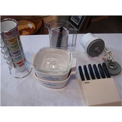 WILT SHIRE SELF SHARPENING KNIVES, MULTI MIXER, CORNING WARE, AND TEA CUPS