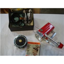 VINTAGE HEAD MASSAGER, FLASHLIGHT, AND FISHING REEL