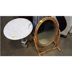 SMALL MARBLE TOP FIGURAL TABLE AND BENTWOOD MIRROR