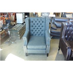 NEW ASHLEY CHARCOAL ACCENT CHAIR, MODERN TUFTED WITH NAIL HEAD FABRIC DESIGN RETAIL $1,398