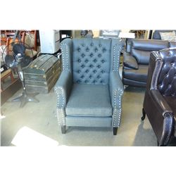 NEW ASHLEY CHARCOAL ACCENT CHAIR, MODERN TUFTED WITH NAIL HEAD FABRIC DESIGN RETAIL $1,398