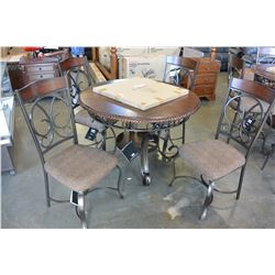 NEW ASHLEY SIGNATURE DESIGN ROUND MAHOGANY WITH GLASS DINING TABLE, AND 4 ULPHOSTERED SIDE CHAIRS, R