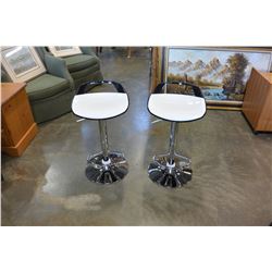 NEW PAIR OF MODERN BLACK/WHITE WITH CHROME BASE ADJUSTABLE HEIGHT BARSTOOLS, RETAIL $280 PAIR