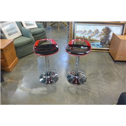 NEW PAIR OF MODERN BLACK/RED WITH CHROME BASE ADJUSTABLE HEIGHT BARSTOOLS, RETAIL $280 PAIR