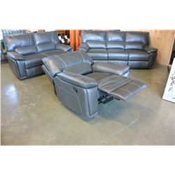 NEW 3 PIECE GREY LEATHER MODERN MOTION RECLINING SOFA SET, WITH WHITE STICHING AND DROP DOWN CONSOLE