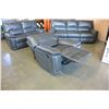 Image 1 : NEW 3 PIECE GREY LEATHER MODERN MOTION RECLINING SOFA SET, WITH WHITE STICHING AND DROP DOWN CONSOLE