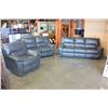 Image 2 : NEW 3 PIECE GREY LEATHER MODERN MOTION RECLINING SOFA SET, WITH WHITE STICHING AND DROP DOWN CONSOLE