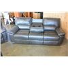 Image 6 : NEW 3 PIECE GREY LEATHER MODERN MOTION RECLINING SOFA SET, WITH WHITE STICHING AND DROP DOWN CONSOLE