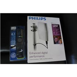 NEW PHILLIPS HDTV INDOOR OUTDOOR 18DB AMPLIFIED DIGITAL ANTENNA AND NEW 8 IN 1 REMOTE