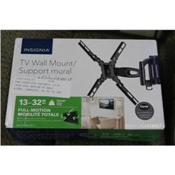 NEW OVERSTOCK INSIGNIA 13-32 INCH FULL MOTION TV WALL MOUNT, COMPLETE, UP TO 33 LBS