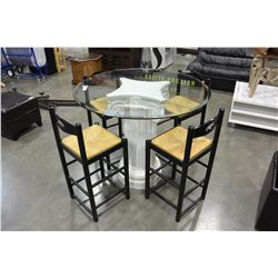 WHITE PEDESTAL GLASS TOP TABLE AND SET OF 4 RATTAN SEAT CHAIRS