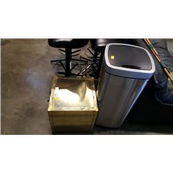 STAINLESS AUTOMATIC LID WASTE BIN AND BRASS LINED WOOD BOX