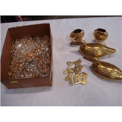 BOX OF BRASS DUCKS AND VASES AND CHANDELIER PENDENTS