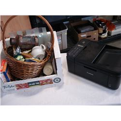 BOX OF DECORATIVE HOUSEHOLD ITEMS AND PIXMA PRINTER