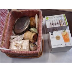 WICKER PICNIC BASKET WITH CONTENTS AND BAR GLASSES