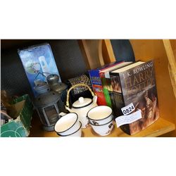 EASTERN TEA SET, JEWELRY BOX, HURRICANE LANTERNS HARRY POTTER BOOKS AND BRAUN MULTI HAND BLENDER