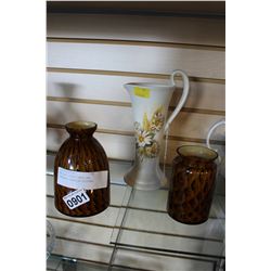 TWO ART GLASS VASES AND PUREBECK ENGLISH PITCHER