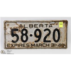 VINTAGE ALBERTA LICENSE PLATE - MARCH 31-40.