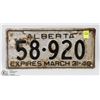 Image 1 : VINTAGE ALBERTA LICENSE PLATE - MARCH 31-40.