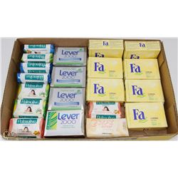 FLAT OF ASSORTED SOAPS INCL CAMAY, PALMOLIVE, FA