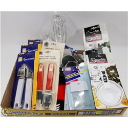 FLAT OF NEW KITCHEN ITEMS INCL ONION HOLDER,