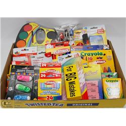 FLAT WITH ASSORTED NEW CRAYONS, ERASERS, AND MORE