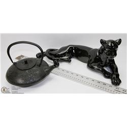 TEA POT WITH LARGE BLACK LEOPARD FIGURINE