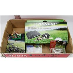FLAT OF MISC GOLF ACCESSORIES & A DVD "THE