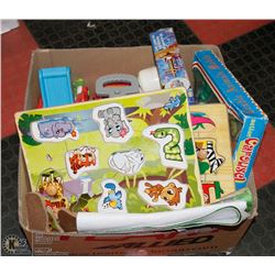 BOX OF KIDS TOYS, BABY WOOD PUZZLES AND PLAYMATS.