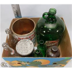 FLAT OF VINTAGE POP BOTTLES, SYRUP TIN AND MORE