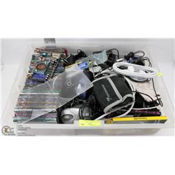 BIN OF ASSORTED PHONE CHARGERS,CASES, CD CASES,