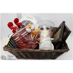 BASKET OF HOUSE & OFFICE ITEMS INCL HEATER, CLOCK,
